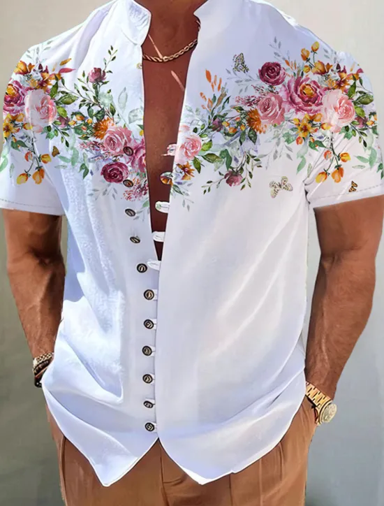 Outlet OUKU Men's Floral Shirt Button Up Shirt Short Sleeve Fashion Streetwear Designer Outdoor Casual Daily Spring & Summer Stand Collar Print Red Blue Purple Green Gray