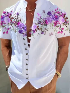 Outlet OUKU Men's Floral Shirt Button Up Shirt Short Sleeve Fashion Streetwear Designer Outdoor Casual Daily Spring & Summer Stand Collar Print Red Blue Purple Green Gray
