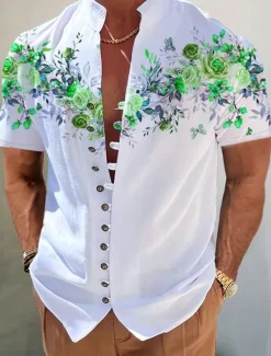 Outlet OUKU Men's Floral Shirt Button Up Shirt Short Sleeve Fashion Streetwear Designer Outdoor Casual Daily Spring & Summer Stand Collar Print Red Blue Purple Green Gray