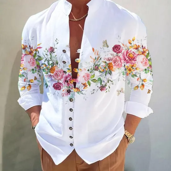 Sale OUKU Men's Floral Shirt Button Up Shirt Long Sleeve Fashion Designer Casual Vacation Daily Going out Fall Autumn / Fall Spring & Summer Stand Collar Print White+Red Black White Yellow Pink