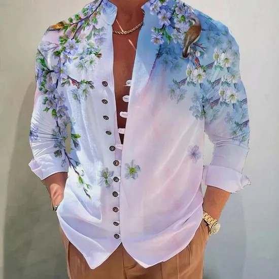 Sale OUKU Men's Floral Shirt Button Up Shirt Long Sleeve Fashion Designer Casual Vacation Daily Going out Fall Autumn / Fall Spring & Summer Stand Collar Print White+Red Black White Yellow Pink