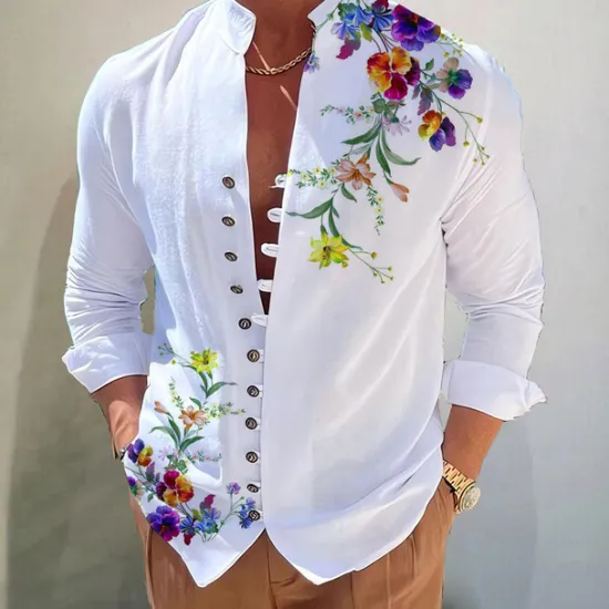 Sale OUKU Men's Floral Shirt Button Up Shirt Long Sleeve Fashion Designer Casual Vacation Daily Going out Fall Autumn / Fall Spring & Summer Stand Collar Print White+Red Black White Yellow Pink