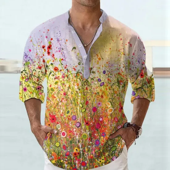 Discount OUKU Men's Floral Shirt Button Up Shirt Long Sleeve Fashion Streetwear Designer Daily Going out Summer Spring Fall Stand Collar Print Yellow Blue Purple Green