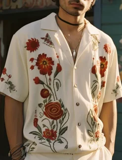 Sale OUKU Men's Floral Shirt Button Up Shirt Short Sleeve Sports Fashion Streetwear Outdoor Casual Holiday Summer Spring Cuban Collar Print White Yellow Wine Red