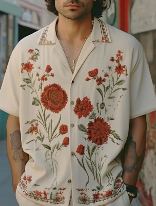 Sale OUKU Men's Floral Shirt Button Up Shirt Short Sleeve Sports Fashion Streetwear Outdoor Casual Holiday Summer Spring Cuban Collar Print White Yellow Wine Red