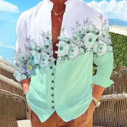 Online OUKU Men's Floral Shirt Button Up Shirt Long Sleeve Fashion Streetwear Designer Outdoor Casual Daily Summer Spring Fall Stand Collar Print Yellow Pink Purple Green Gray