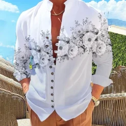 Online OUKU Men's Floral Shirt Button Up Shirt Long Sleeve Fashion Streetwear Designer Outdoor Casual Daily Summer Spring Fall Stand Collar Print Yellow Pink Purple Green Gray