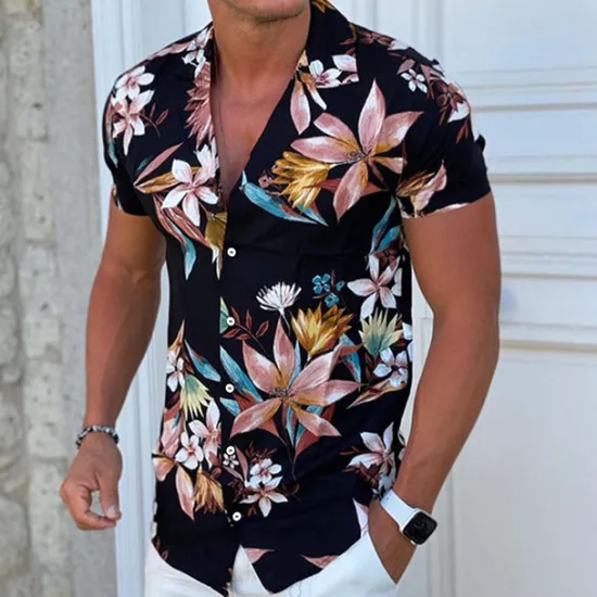 Discount OUKU Men's Floral Shirt Camp Collar Shirt Short Sleeve Fashion Designer Casual Outdoor Casual Daily Spring & Summer Turndown Button-Down Black White Yellow Blue Purple