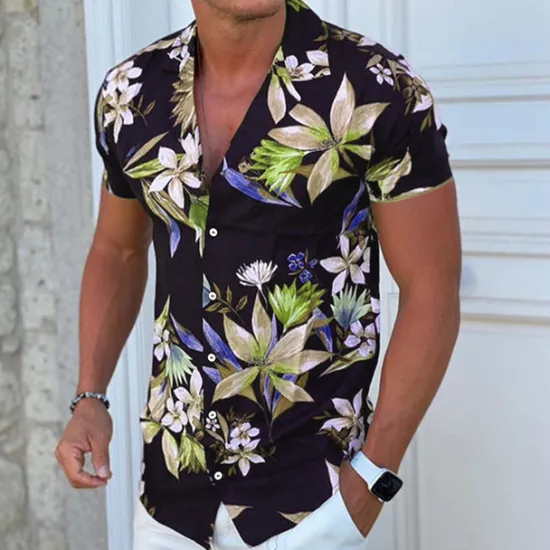 Discount OUKU Men's Floral Shirt Camp Collar Shirt Short Sleeve Fashion Designer Casual Outdoor Casual Daily Spring & Summer Turndown Button-Down Black White Yellow Blue Purple
