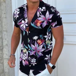 Discount OUKU Men's Floral Shirt Camp Collar Shirt Short Sleeve Fashion Designer Casual Outdoor Casual Daily Spring & Summer Turndown Button-Down Black White Yellow Blue Purple