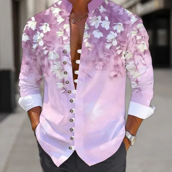 Clearance OUKU Men's Floral Shirt Linen Shirt Aloha Shirt Long Sleeve Casual Daily Wear Going out Weekend Spring Standing Collar Print Button-Down Blue Purple Green