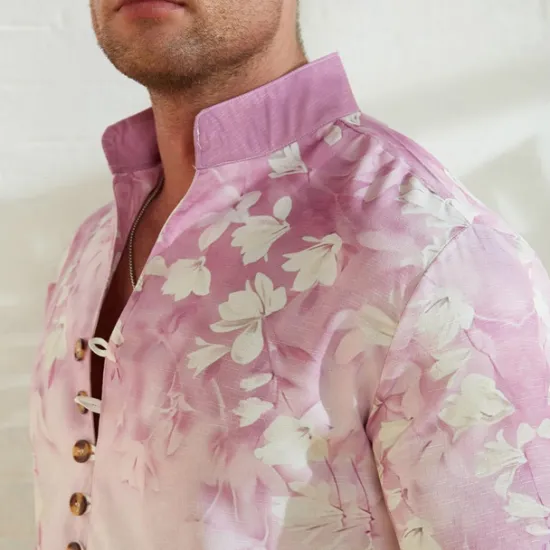 Clearance OUKU Men's Floral Shirt Linen Shirt Aloha Shirt Long Sleeve Casual Daily Wear Going out Weekend Spring Standing Collar Print Button-Down Blue Purple Green