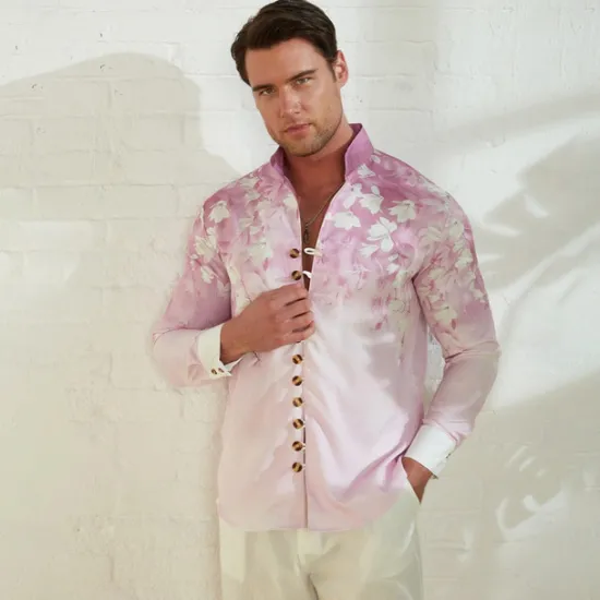Clearance OUKU Men's Floral Shirt Linen Shirt Aloha Shirt Long Sleeve Casual Daily Wear Going out Weekend Spring Standing Collar Print Button-Down Blue Purple Green