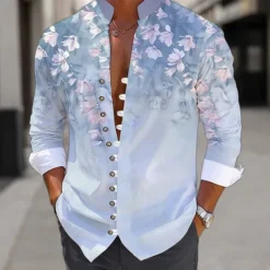 Clearance OUKU Men's Floral Shirt Linen Shirt Aloha Shirt Long Sleeve Casual Daily Wear Going out Weekend Spring Standing Collar Print Button-Down Blue Purple Green