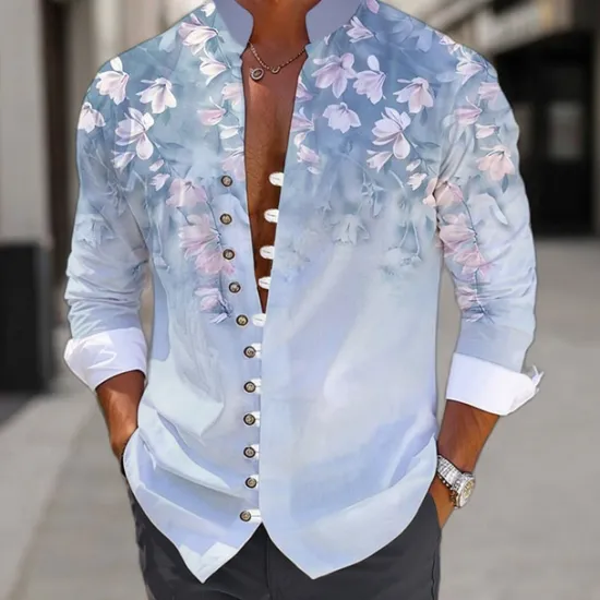 Clearance OUKU Men's Floral Shirt Linen Shirt Aloha Shirt Long Sleeve Casual Daily Wear Going out Weekend Spring Standing Collar Print Button-Down Blue Purple Green