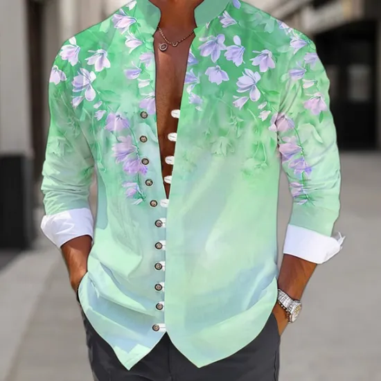 Clearance OUKU Men's Floral Shirt Linen Shirt Aloha Shirt Long Sleeve Casual Daily Wear Going out Weekend Spring Standing Collar Print Button-Down Blue Purple Green