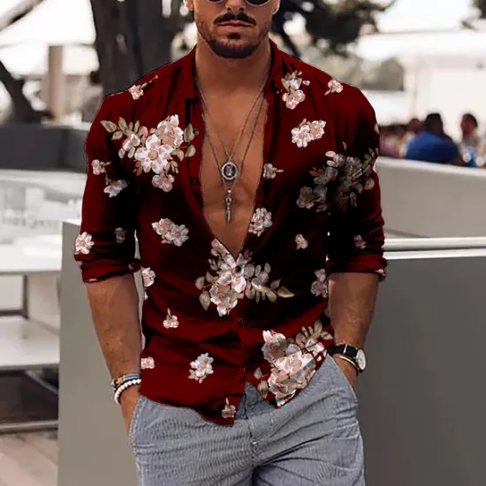 Best OUKU Men's Floral Shirt Long Sleeve Fashion Designer Casual Outdoor Daily Fall Winter Collar Print Button-Down Black Red Purple Green
