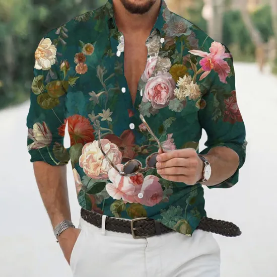 Discount OUKU Men's Floral Shirt Long Sleeve Sports Fashion Streetwear Outdoor Casual Daily Fall & Winter Turndown Print Button-Down Black White Pink Dark Green Beige