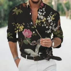 Discount OUKU Men's Floral Shirt Long Sleeve Sports Fashion Streetwear Outdoor Casual Daily Fall & Winter Turndown Print Button-Down Black White Pink Dark Green Beige