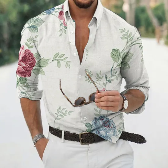 Discount OUKU Men's Floral Shirt Long Sleeve Sports Fashion Streetwear Outdoor Casual Daily Fall & Winter Turndown Print Button-Down Black White Pink Dark Green Beige