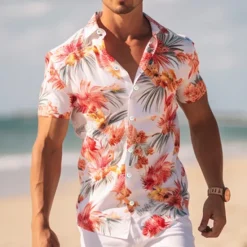 OUKU Men's Floral Shirt Short Sleeve Casual Outdoor Street Casual Daily Fall Turndown Buttons Print Pink