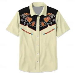Outlet OUKU Men's Floral Shirt Western Shirt Button Up Shirt Short Sleeve Western Style Vacation Holiday Daily Wear Summer Turndown Khaki