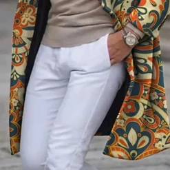 Outlet OUKU Men's Floral Totem Winter Coat Overcoat Coat Warm Breathable Comfortable Vintage Business Tribal Work Wear to work Going out Pocket Print Fall & Winter Turndown Long Sleeve Apricot
