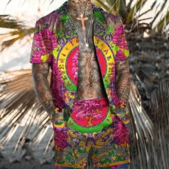 Discount OUKU Men's Floral Tribal 2pcs Shirts Sets Summer Hawaiian Shirt Short Sleeve Short Pants Cuban Collar Tropical Fashion Hawaiian Street Casual Hawaiian Print Summer Spring White Yellow Fuchsia