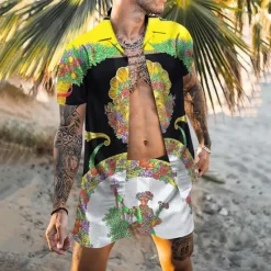Discount OUKU Men's Floral Tribal 2pcs Shirts Sets Summer Hawaiian Shirt Short Sleeve Short Pants Cuban Collar Tropical Fashion Hawaiian Street Casual Hawaiian Print Summer Spring White Yellow Fuchsia