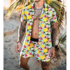 Discount OUKU Men's Floral Tribal 2pcs Shirts Sets Summer Hawaiian Shirt Short Sleeve Short Pants Cuban Collar Tropical Fashion Hawaiian Street Casual Hawaiian Print Summer Spring White Yellow Fuchsia