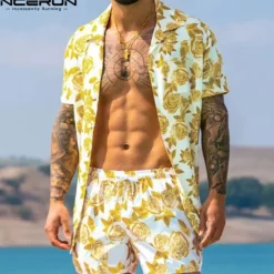 Discount OUKU Men's Floral Tribal 2pcs Shirts Sets Summer Hawaiian Shirt Short Sleeve Short Pants Cuban Collar Tropical Fashion Hawaiian Street Casual Hawaiian Print Summer Spring White Yellow Fuchsia