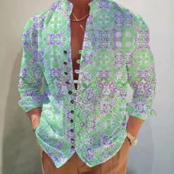 Hot OUKU Men's Floral Tribal Vintage Shirt Boho Shirt Button Up Shirt Long Sleeve Fashion Designer Casual Outdoor Vacation Casual Fall Autumn / Fall Spring & Summer Stand Collar Print Red Blue Purple Green