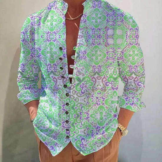 Hot OUKU Men's Floral Tribal Vintage Shirt Boho Shirt Button Up Shirt Long Sleeve Fashion Designer Casual Outdoor Vacation Casual Fall Autumn / Fall Spring & Summer Stand Collar Print Red Blue Purple Green