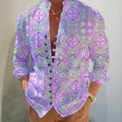 Hot OUKU Men's Floral Tribal Vintage Shirt Boho Shirt Button Up Shirt Long Sleeve Fashion Designer Casual Outdoor Vacation Casual Fall Autumn / Fall Spring & Summer Stand Collar Print Red Blue Purple Green
