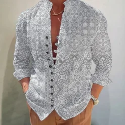 Hot OUKU Men's Floral Tribal Vintage Shirt Boho Shirt Button Up Shirt Long Sleeve Fashion Designer Casual Outdoor Vacation Casual Fall Autumn / Fall Spring & Summer Stand Collar Print Red Blue Purple Green