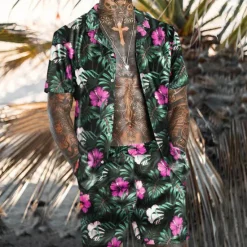 Clearance OUKU Men's Floral Tropical Flowers Tropical Plants 2pcs Shirts Sets Summer Hawaiian Shirt Short Sleeve Short Pants Turndown Fashion Hawaiian Designer Outdoor Vacation Casual 3D Print Button-Down Summer