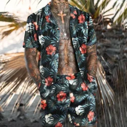 Clearance OUKU Men's Floral Tropical Flowers Tropical Plants 2pcs Shirts Sets Summer Hawaiian Shirt Short Sleeve Short Pants Turndown Fashion Hawaiian Designer Outdoor Vacation Casual 3D Print Button-Down Summer