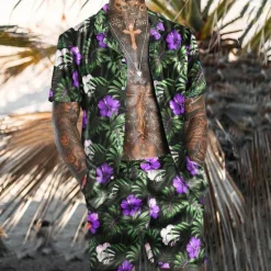 Clearance OUKU Men's Floral Tropical Flowers Tropical Plants 2pcs Shirts Sets Summer Hawaiian Shirt Short Sleeve Short Pants Turndown Fashion Hawaiian Designer Outdoor Vacation Casual 3D Print Button-Down Summer