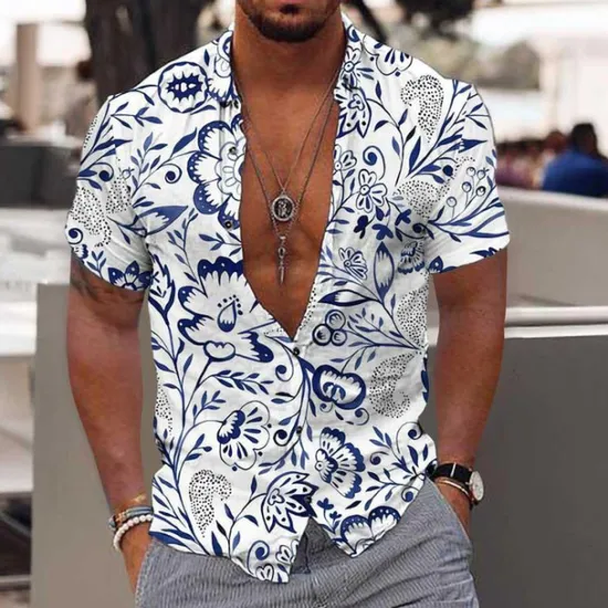 Online OUKU Men's Floral Tropical Flowers Shirt Summer Hawaiian Shirt Aloha Shirt Long Sleeve Shirt Turndown Fashion Streetwear Designer Outdoor Street Casual White Blue Light Blue S M L