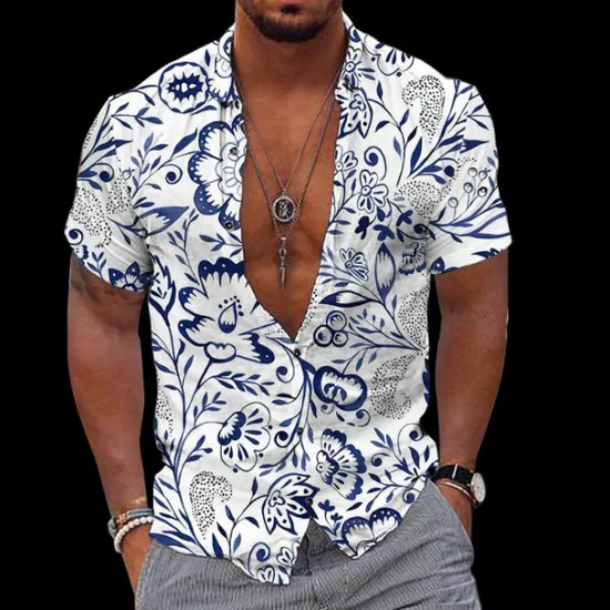 Online OUKU Men's Floral Tropical Flowers Shirt Summer Hawaiian Shirt Aloha Shirt Long Sleeve Shirt Turndown Fashion Streetwear Designer Outdoor Street Casual White Blue Light Blue S M L