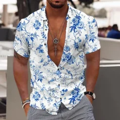 OUKU Men's Floral Tropical Flowers Leaves Shirt Summer Hawaiian Shirt Aloha Shirt Short Sleeves Shirt Turndown Fashion Designer Casual Outdoor Street Casual Yellow Light Green Blue 3D Print S M L