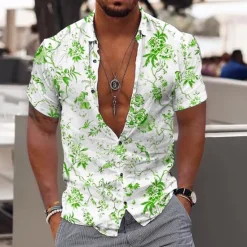 OUKU Men's Floral Tropical Flowers Leaves Shirt Summer Hawaiian Shirt Aloha Shirt Short Sleeves Shirt Turndown Fashion Designer Casual Outdoor Street Casual Yellow Light Green Blue 3D Print S M L