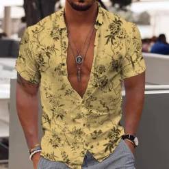 OUKU Men's Floral Tropical Flowers Leaves Shirt Summer Hawaiian Shirt Aloha Shirt Short Sleeves Shirt Turndown Fashion Designer Casual Outdoor Street Casual Yellow Light Green Blue 3D Print S M L