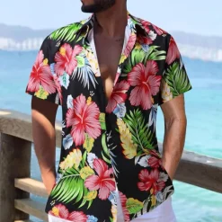 Clearance OUKU Men's Floral Tropical Flowers Shirt Summer Hawaiian Shirt Aloha Shirt Short Sleeves Shirt Turndown Fashion Designer Casual Outdoor Street Casual Black Yellow Red S M L