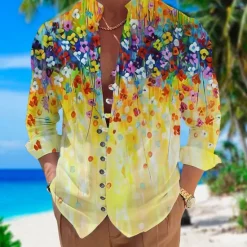Best OUKU Men's Floral Tropical Flowers Shirt Summer Hawaiian Shirt Aloha Shirt Long Sleeve Shirt Stand Collar Fashion Streetwear Designer Outdoor Street Casual Yellow Pink Blue S M L