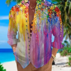 Best OUKU Men's Floral Tropical Flowers Shirt Summer Hawaiian Shirt Aloha Shirt Long Sleeve Shirt Stand Collar Fashion Streetwear Designer Outdoor Street Casual Yellow Pink Blue S M L