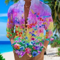 Best OUKU Men's Floral Tropical Flowers Shirt Summer Hawaiian Shirt Aloha Shirt Long Sleeve Shirt Stand Collar Fashion Streetwear Designer Outdoor Street Casual Yellow Pink Blue S M L
