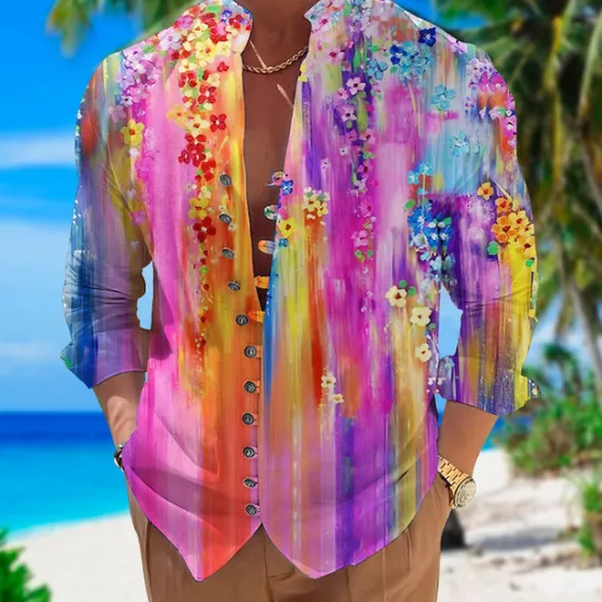 Best OUKU Men's Floral Tropical Flowers Shirt Summer Hawaiian Shirt Aloha Shirt Long Sleeve Shirt Stand Collar Fashion Streetwear Designer Outdoor Street Casual Yellow Pink Blue S M L