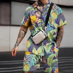 New OUKU Men's Floral Tropical Flowers Leaves 2pcs Shirts Sets Summer Hawaiian Shirt Short Sleeve Short Pants Turndown Fashion Streetwear Designer Outdoor Street Casual Print Summer Spring Pink Green