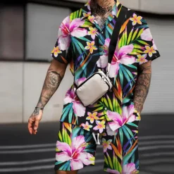 New OUKU Men's Floral Tropical Flowers Leaves 2pcs Shirts Sets Summer Hawaiian Shirt Short Sleeve Short Pants Turndown Fashion Streetwear Designer Outdoor Street Casual Print Summer Spring Pink Green